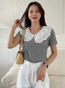 DAZY 條紋印花拼接領T恤