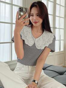 DAZY 條紋印花拼接領T恤