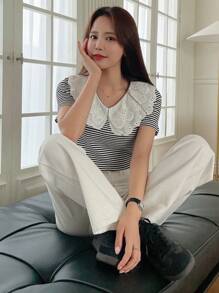 DAZY 條紋印花拼接領T恤