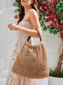 SHEIN VCAY 卡其色極簡風格編織草編托特包帶雙把手,合適的適用於度假 - 棕色 - 查看 1