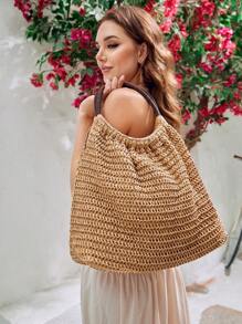 SHEIN VCAY 卡其色極簡風格編織草編托特包帶雙把手,合適的適用於度假 - 棕色 - 查看 6