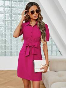 SHEIN Clasi Puff Sleeve Tie Front Shirt Dress - Red Violet - View 3