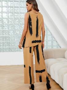 SHEIN Clasi Brush Print Asymmetrical Hem Tank Top & Wide Leg Trousers - Brown - View 2