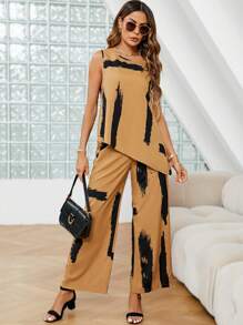 SHEIN Clasi Brush Print Asymmetrical Hem Tank Top & Wide Leg Trousers - Brown - View 3