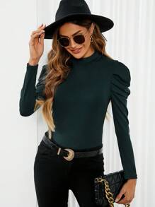 SHEIN Clasi Mock Neck Gigot Sleeve Tee - Dark Green - View 3