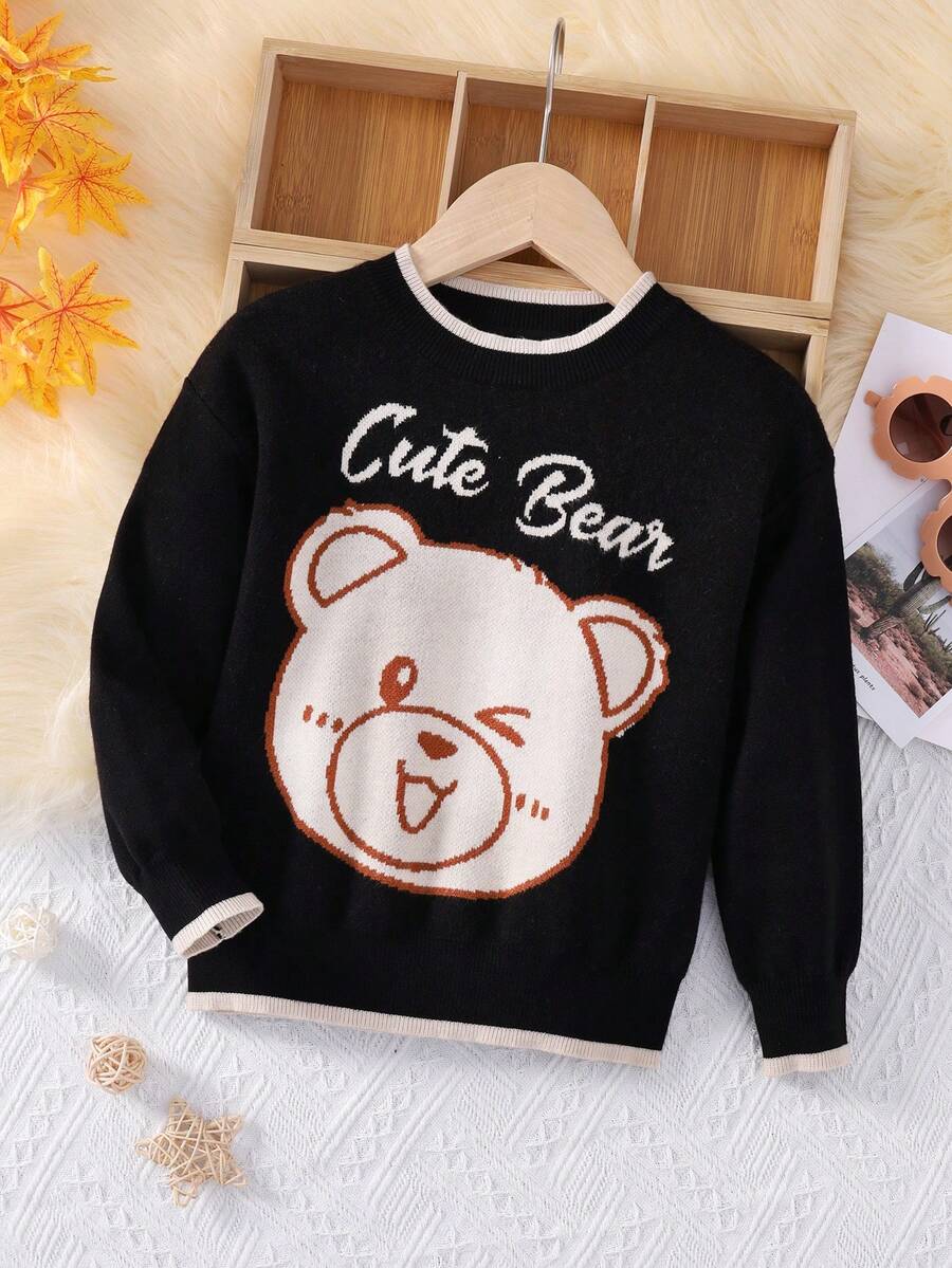 SHEIN 女小童熊&字母圖案拼接邊套頭毛衣 - 黑色 - 查看 1