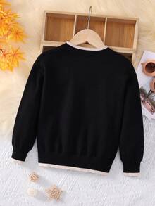 SHEIN 女小童熊&字母圖案拼接邊套頭毛衣 - 黑色 - 查看 2