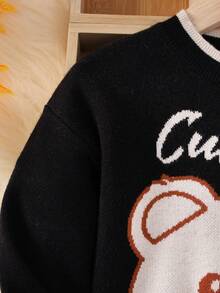 SHEIN 女小童熊&字母圖案拼接邊套頭毛衣 - 黑色 - 查看 3