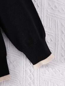 SHEIN 女小童熊&字母圖案拼接邊套頭毛衣 - 黑色 - 查看 4