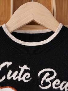 SHEIN 女小童熊&字母圖案拼接邊套頭毛衣 - 黑色 - 查看 5