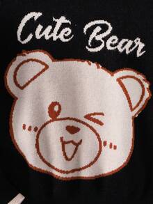 SHEIN 女小童熊&字母圖案拼接邊套頭毛衣 - 黑色 - 查看 6