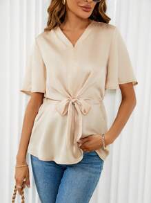SHEIN LUNE Blusa unicolor con nudo delantero de manga mariposa