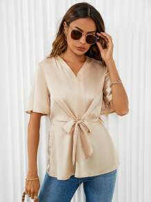 SHEIN LUNE Blusa unicolor con nudo delantero de manga mariposa