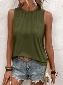 EMERY ROSE Solid Plicated Detail Tank Top - Army Green - View 3