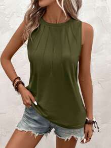 EMERY ROSE Solid Plicated Detail Tank Top - Army Green - View 7