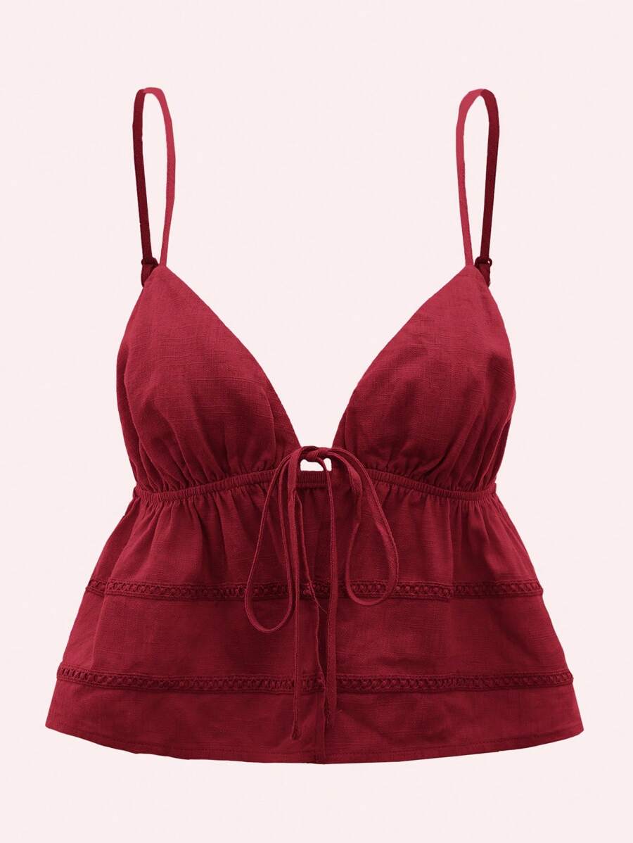 SHEIN ICON Top de tirantes crop con cordón delantero peplum - Burdeos - Ver 1