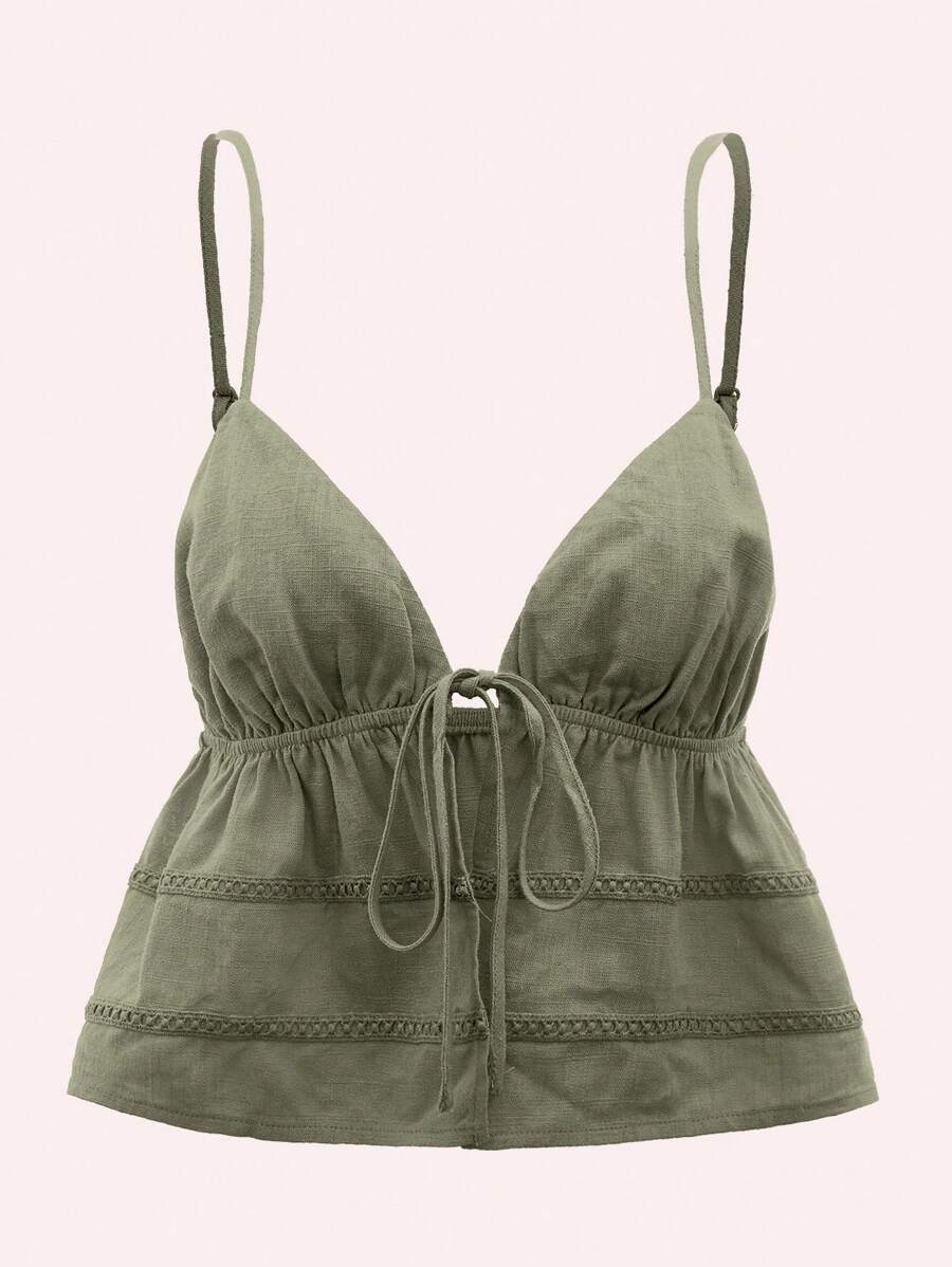 SHEIN ICON Solid Tie Front Cami Top - Army Green - View 1