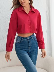 Muchica Solid Button Front Crop Shirt - Hot Pink - View 1