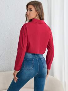 Muchica Solid Button Front Crop Shirt - Hot Pink - View 2