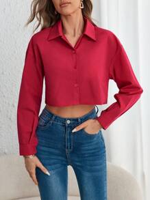 Muchica Solid Button Front Crop Shirt - Hot Pink - View 3