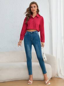 Muchica Solid Button Front Crop Shirt - Hot Pink - View 5