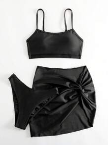 實心比基尼套裝搭配沙灘裙 - 黑色 - 查看 3
