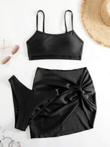 實心比基尼套裝搭配沙灘裙 - 黑色 - 查看 5