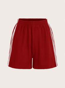 SHEIN EZwear Plus Side Striped Track Shorts, Summer - Red - View 1