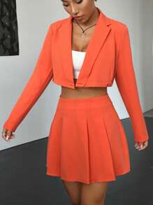 SHEIN EZwear 西裝領短版西裝&百褶半身裙 - 橘色 - 查看 4