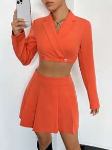 SHEIN EZwear 西裝領短版西裝&百褶半身裙 - 橘色 - 查看 5