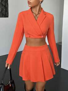 SHEIN EZwear 西裝領短版西裝&百褶半身裙 - 橘色 - 查看 2