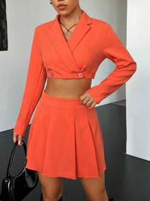 SHEIN EZwear 西裝領短版西裝&百褶半身裙 - 橘色 - 查看 6