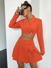 SHEIN EZwear 西裝領短版西裝&百褶半身裙 - 橘色 - 查看 7