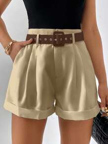 SHEIN Privé Chi tiết nếp Cuộn Hem Quần Short có thắt lưng - Màu Khaki - Xem 1