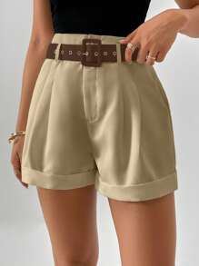 SHEIN Privé Chi tiết nếp Cuộn Hem Quần Short có thắt lưng - Màu Khaki - Xem 3