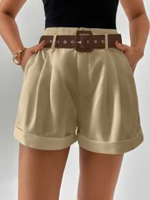 SHEIN Privé Chi tiết nếp Cuộn Hem Quần Short có thắt lưng - Màu Khaki - Xem 4