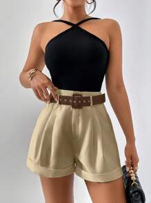 SHEIN Privé Chi tiết nếp Cuộn Hem Quần Short có thắt lưng - Màu Khaki - Xem 5