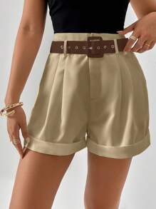 SHEIN Privé Chi tiết nếp Cuộn Hem Quần Short có thắt lưng - Màu Khaki - Xem 6