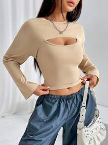 SHEIN EZwear Solid Super Crop Top & Cami Top - Khaki - View 1
