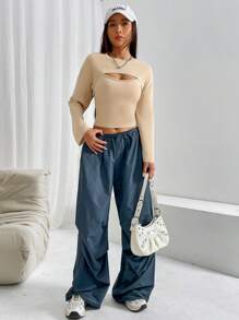 SHEIN EZwear Solid Super Crop Top & Cami Top - Khaki - View 4