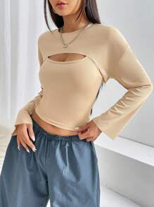 SHEIN EZwear Solid Super Crop Top & Cami Top - Khaki - View 6