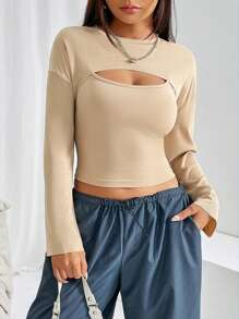 SHEIN EZwear Solid Super Crop Top & Cami Top - Khaki - View 7