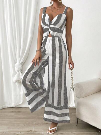 SHEIN Privé 撞色前扭結闊腿吊帶連體褲