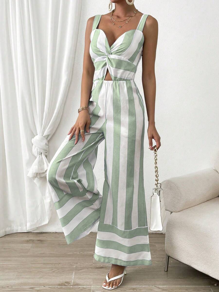 SHEIN Privé 撞色前扭結闊腿吊帶連體褲 - 綠色 - 查看 1