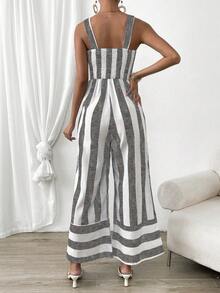 SHEIN Privé 撞色前扭結闊腿吊帶連體褲 - 彩色 - 查看 2