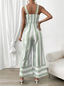 SHEIN Privé 撞色前扭結闊腿吊帶連體褲 - 綠色 - 查看 2