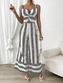 SHEIN Privé 撞色前扭結闊腿吊帶連體褲 - 彩色 - 查看 3