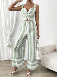 SHEIN Privé 撞色前扭結闊腿吊帶連體褲 - 綠色 - 查看 3