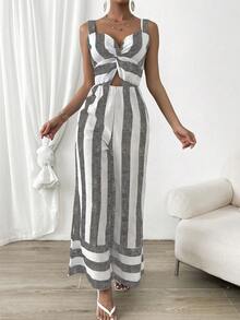 SHEIN Privé 撞色前扭結闊腿吊帶連體褲 - 彩色 - 查看 4