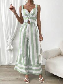 SHEIN Privé 撞色前扭結闊腿吊帶連體褲 - 綠色 - 查看 4